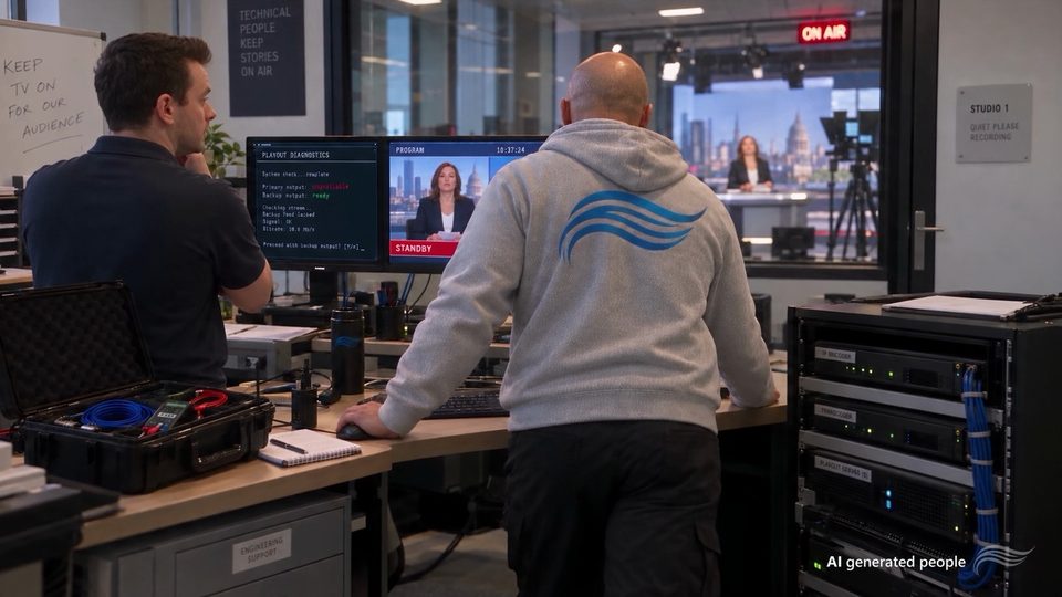 Still from The EliTechZ story: AI-generated EliTechZ engineers at work in a broadcast control room