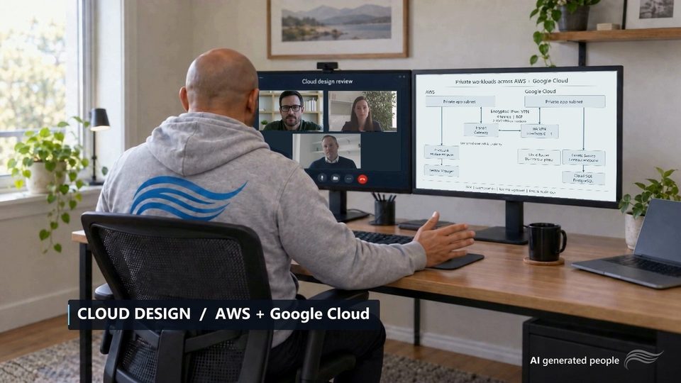 Still from From complexity to control: an AI-generated EliTechZ engineer on an AWS and Google Cloud design call
