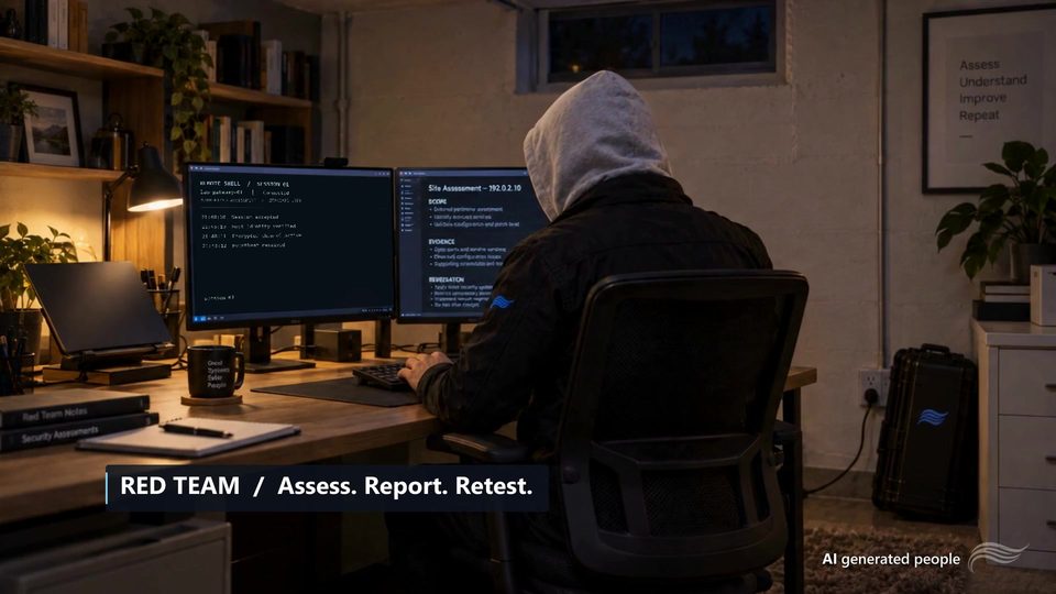 Still from A different perspective on risk: an AI-generated red team assessment at a workstation